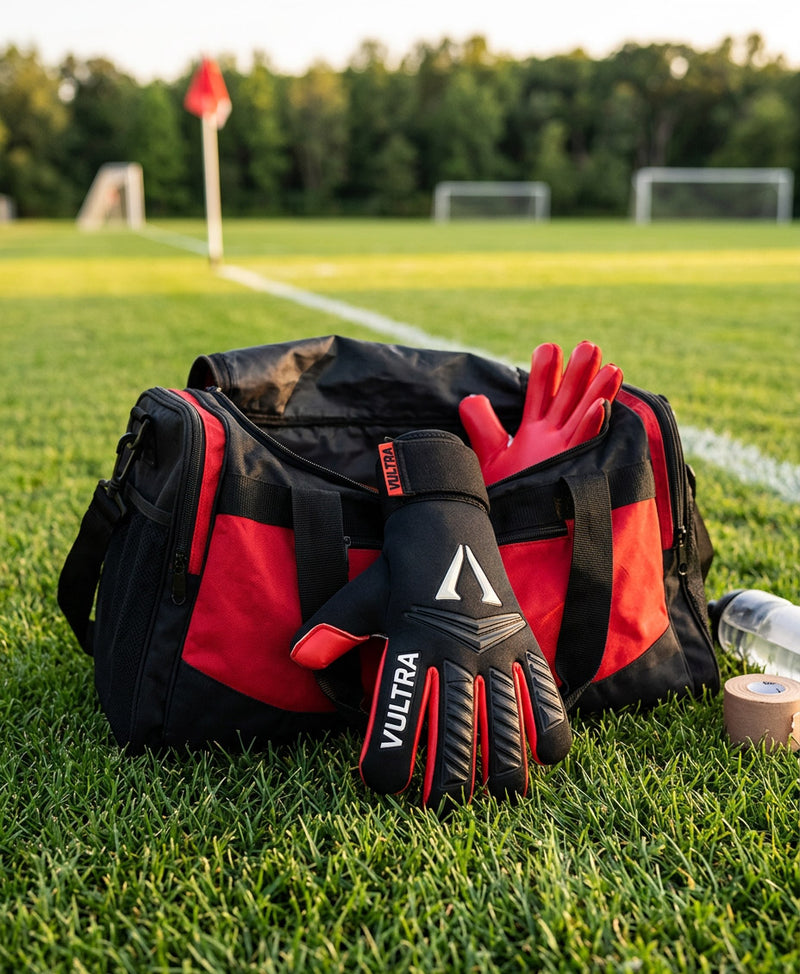 Black and red sports bag with gloves on a grassy field